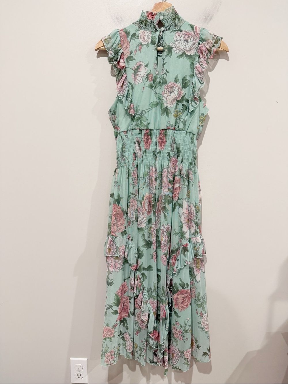 STELLA & JULIE Floral Ruffle Midi Dress Mint Green Smocked Waist Mock Neck Sz 4 - Picture 5 of 8